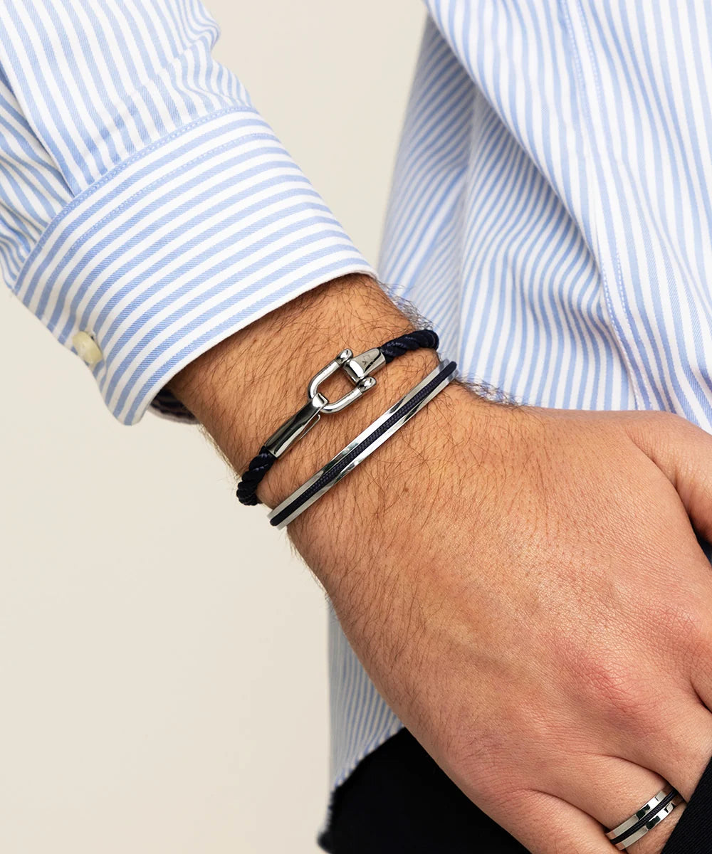 Pig & Hen lobster larry navy silver bracelet styled on wrist (Navy | Silver)