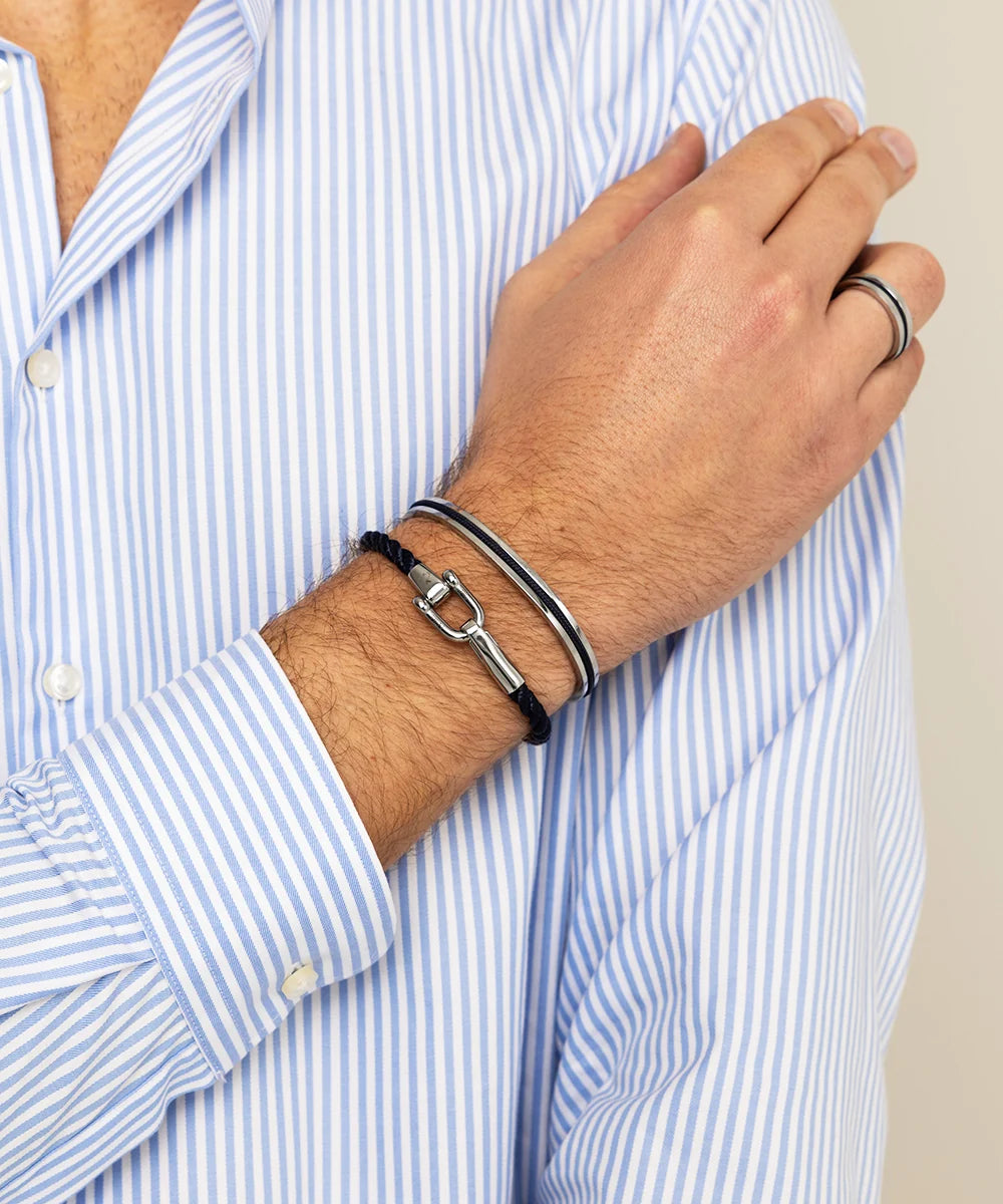 Pig & Hen lobster larry navy silver bracelet styled on wrist (Navy | Silver)