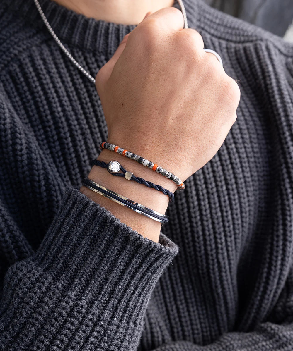 Pig & Hen navarch 6mm navy silver bracelet styled on wrist (Navy | Silver)