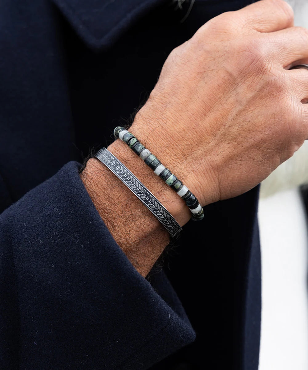 Pig & Hen Navarch 9mm Chevron Vintage bracelet styled on wrist (Chevron | Vintage)