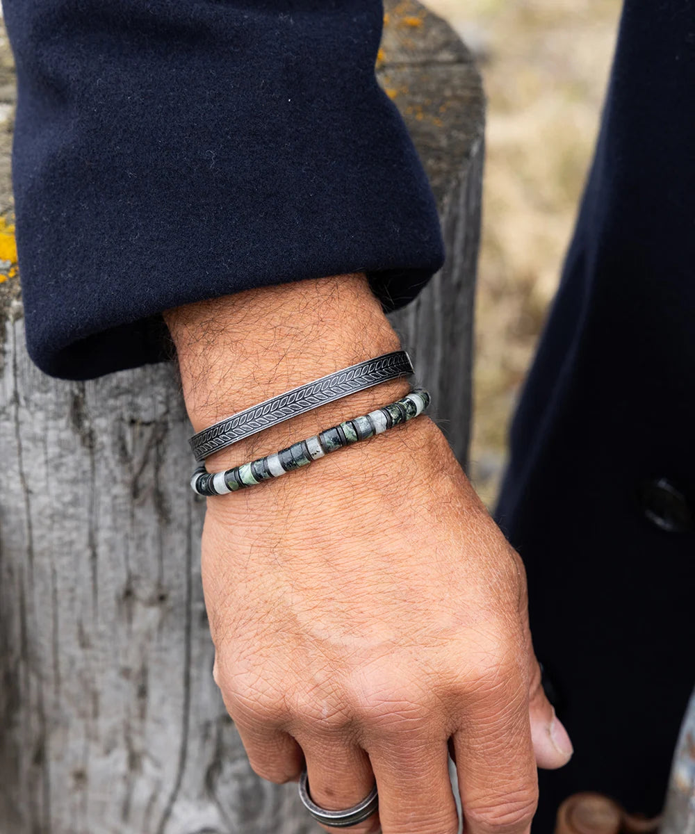 Pig & Hen Navarch 9mm Chevron Vintage bracelet styled on wrist (Chevron | Vintage)