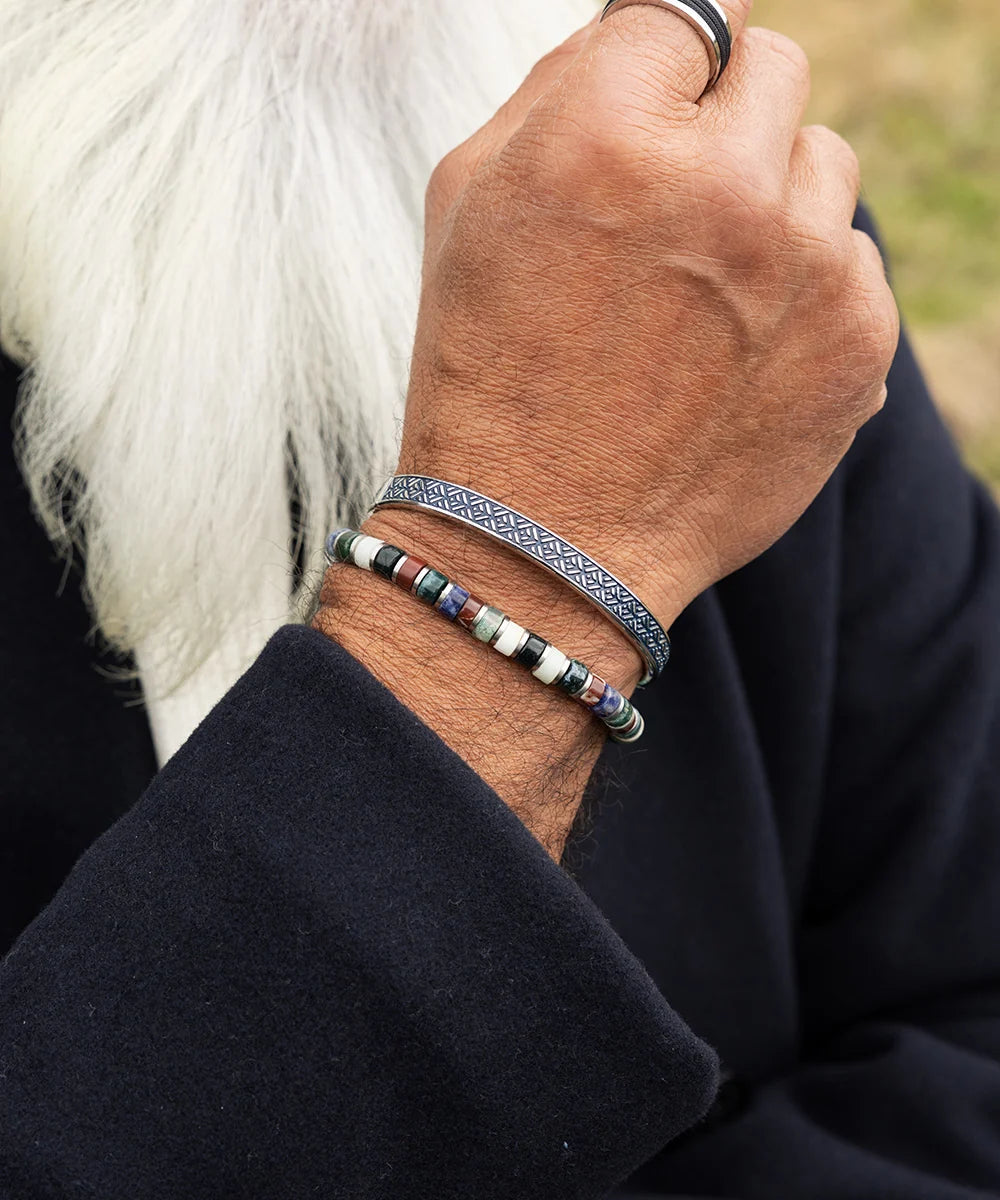 Pig & Hen navarch 9mm striato silver bracelet styled on wrist (Striato | Silver)