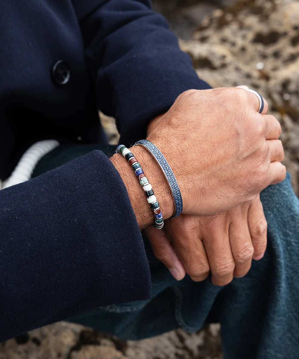 Pig & Hen navarch 9mm striato silver bracelet styled on wrist (Striato | Silver)