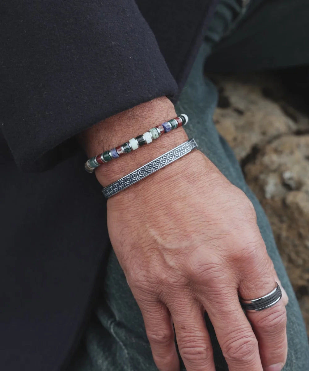 Pig & Hen navarch 9mm striato silver bracelet styled on wrist (Striato | Silver)