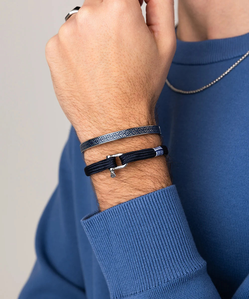 Pig & Hen vicious vik navy silver bracelet styled on wrist (Navy | Silver)