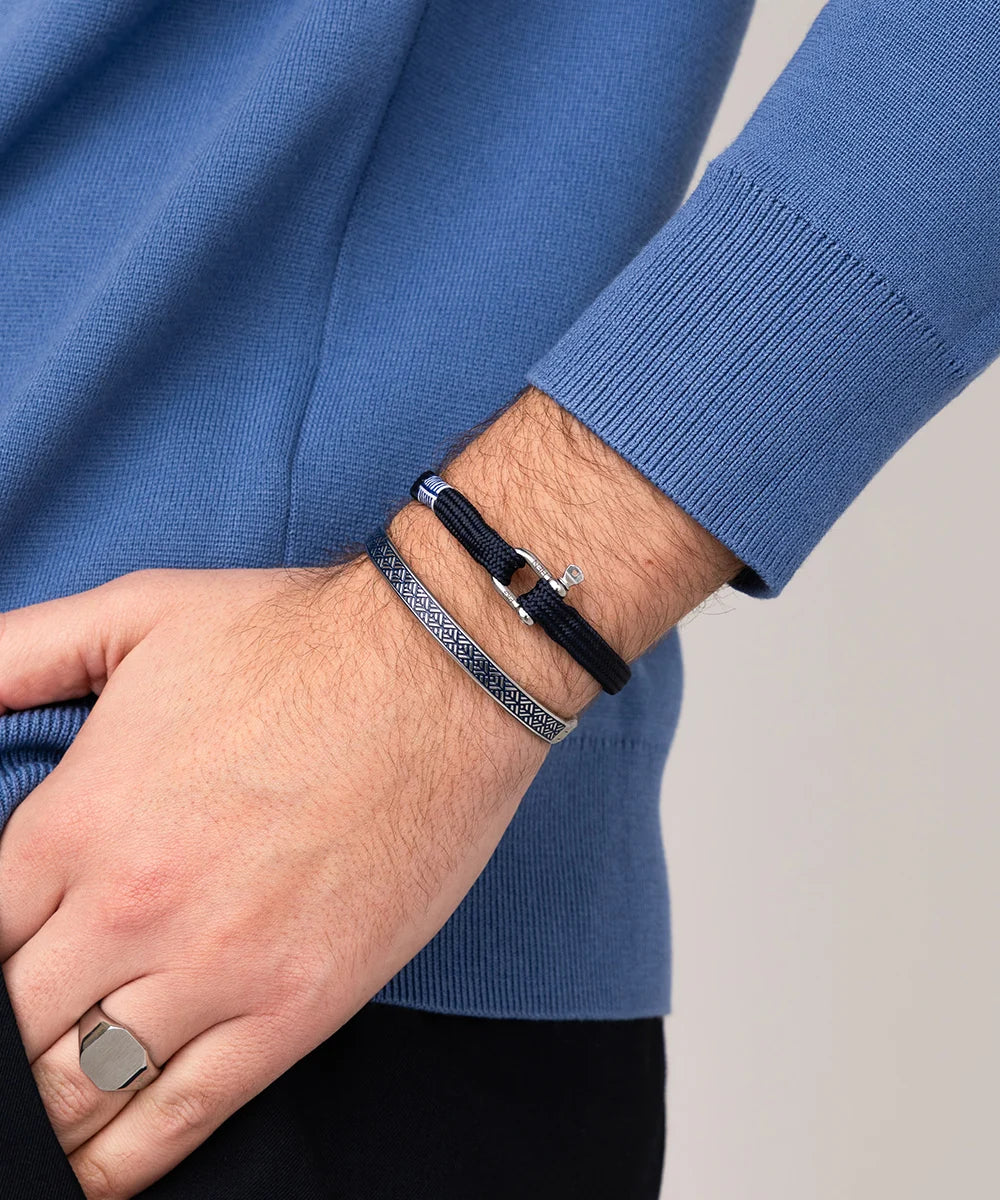 Pig & Hen vicious vik navy silver bracelet styled on wrist (Navy | Silver)