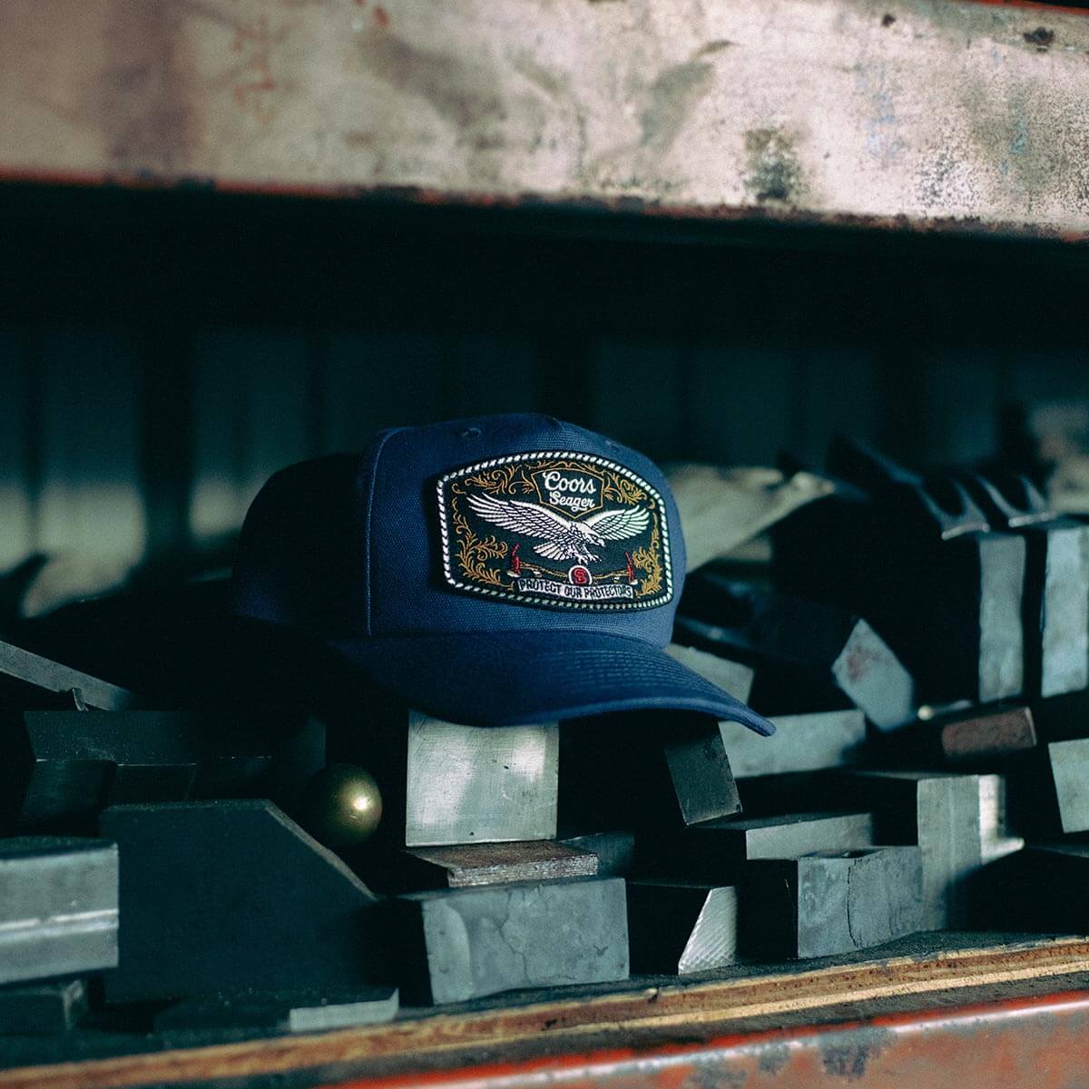 Seager x Coors Eagle Snapback in Navy — lifestyle view