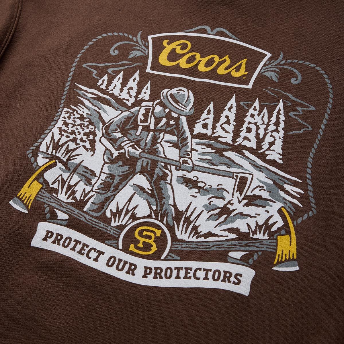 Seager x Coors Forest Line Hood in Brown — back graphic detail