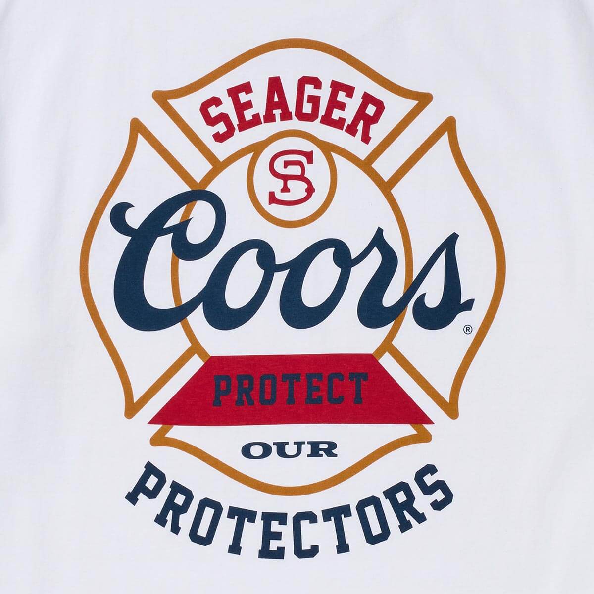 Seager x Coors Protectors Badge Tee in White — back graphic detail
