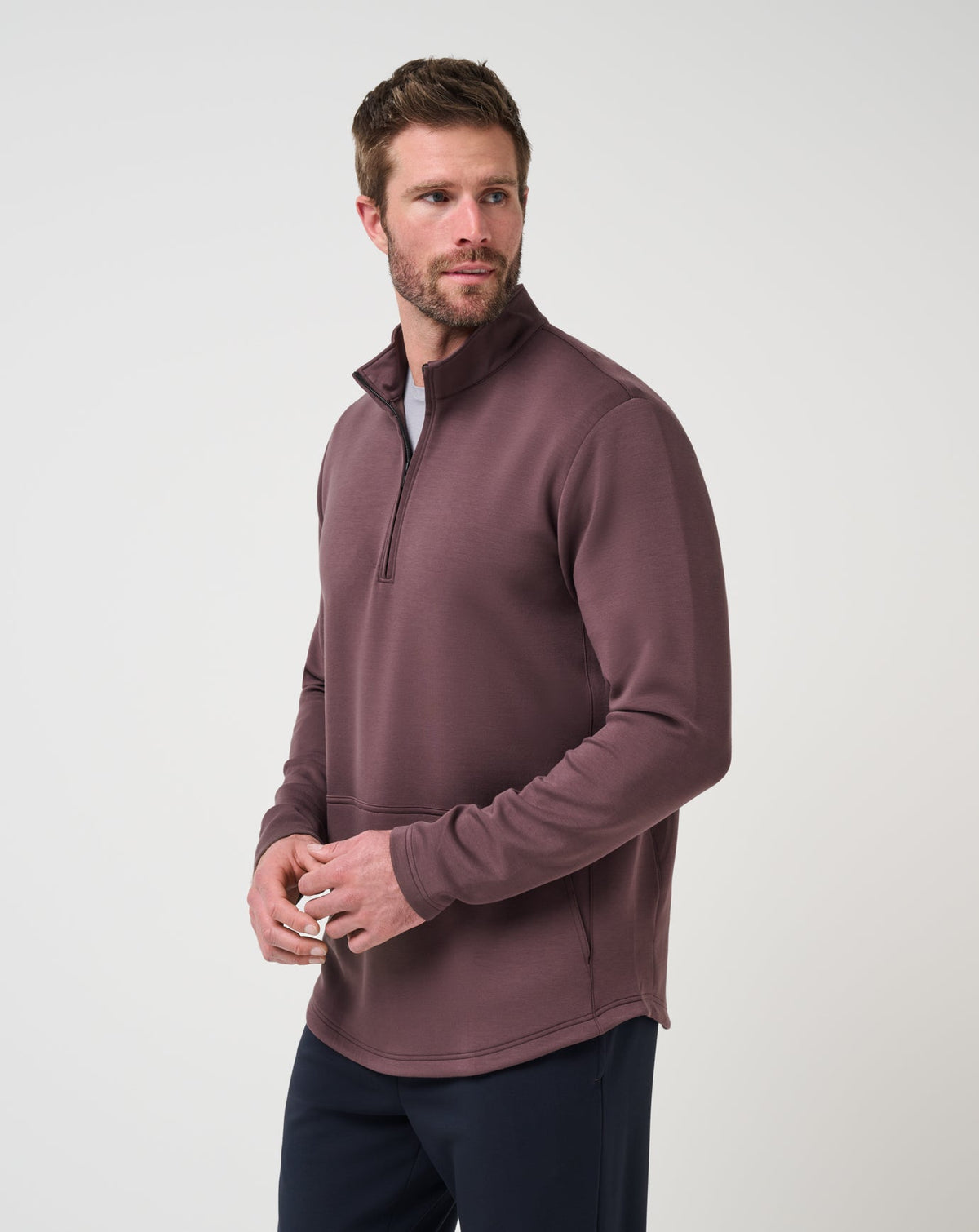 TravisMathew Fibercloud 1/4 Zip, front angle (Raisin)