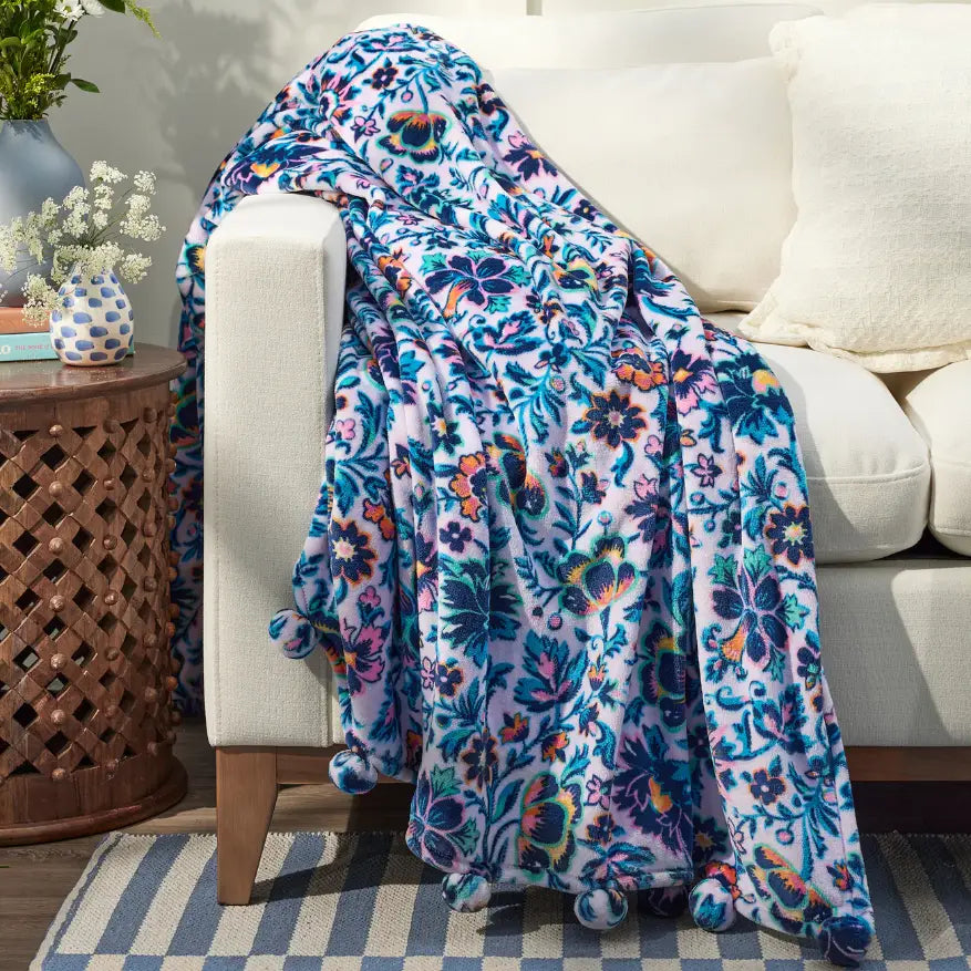 Vera Bradley Plush Throw Blanket with Pom-Poms - Cloud Vine Multi