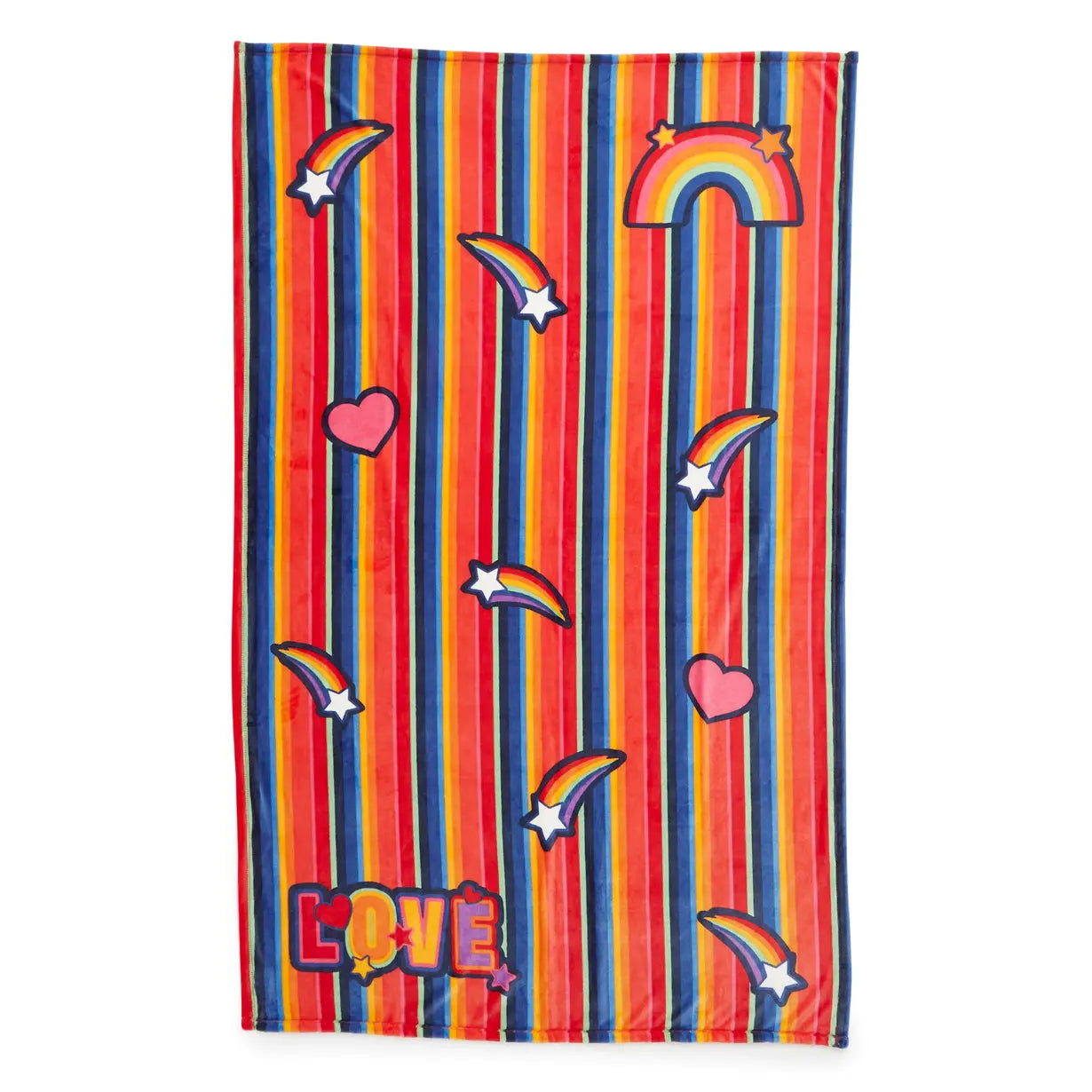 A Vera Bradley Plush Throw Blanket designed in their Pride Love Stripe pattern. With a rainbow design.
