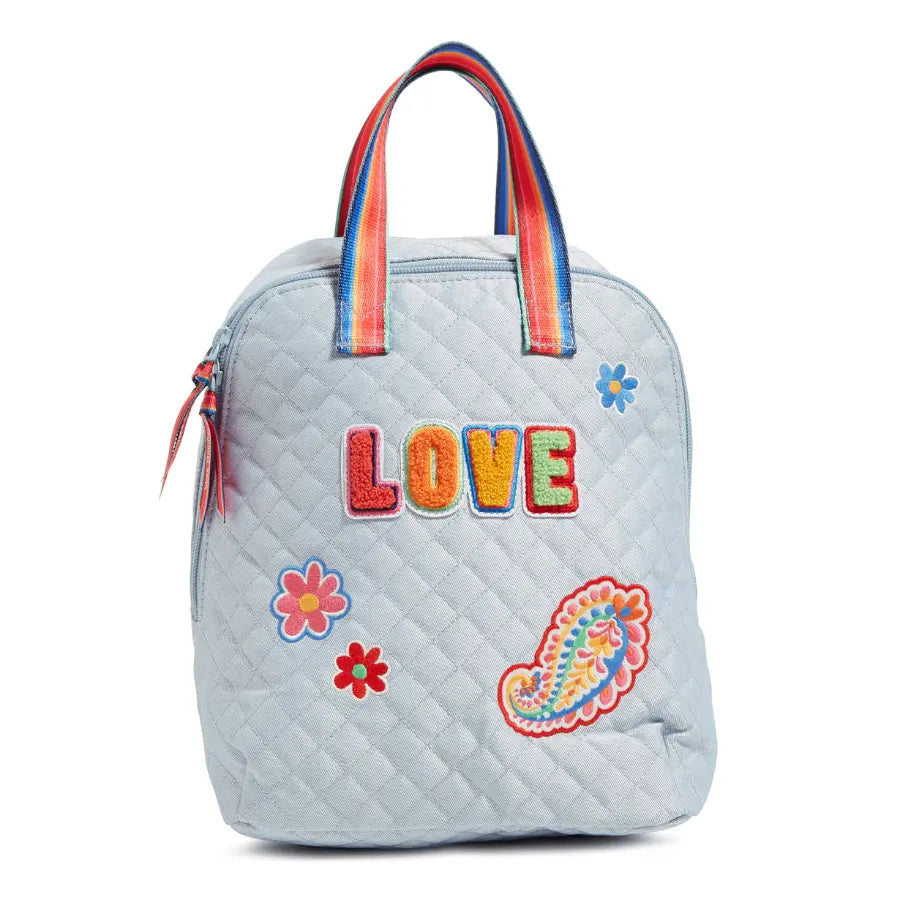 Vera Bradley Mini Totepack Pride Bright Stripe, front view, with the word LOVE printed on.