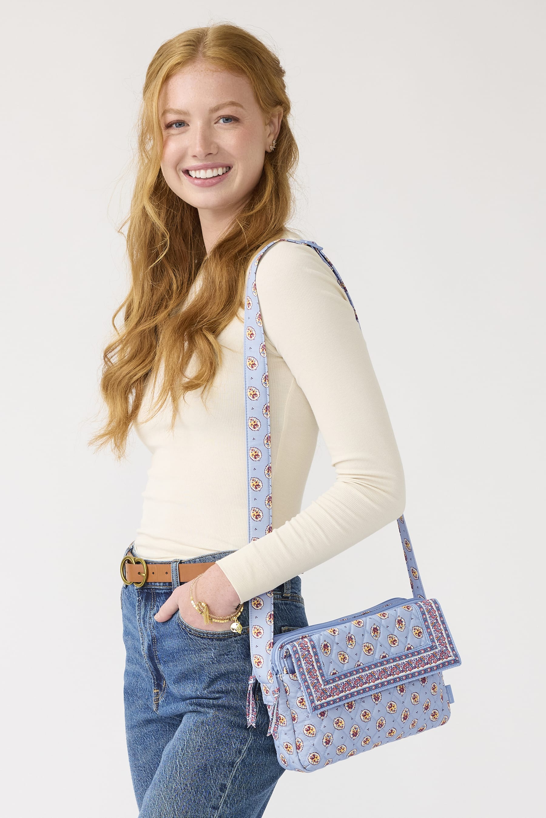 Tasha Triple Compartment Crossbody: Blue Leaf