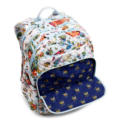 Vera Bradley XL Campus Backpack Sea Air Floral, front view. and front pocket unzipped showing showing the blue interior