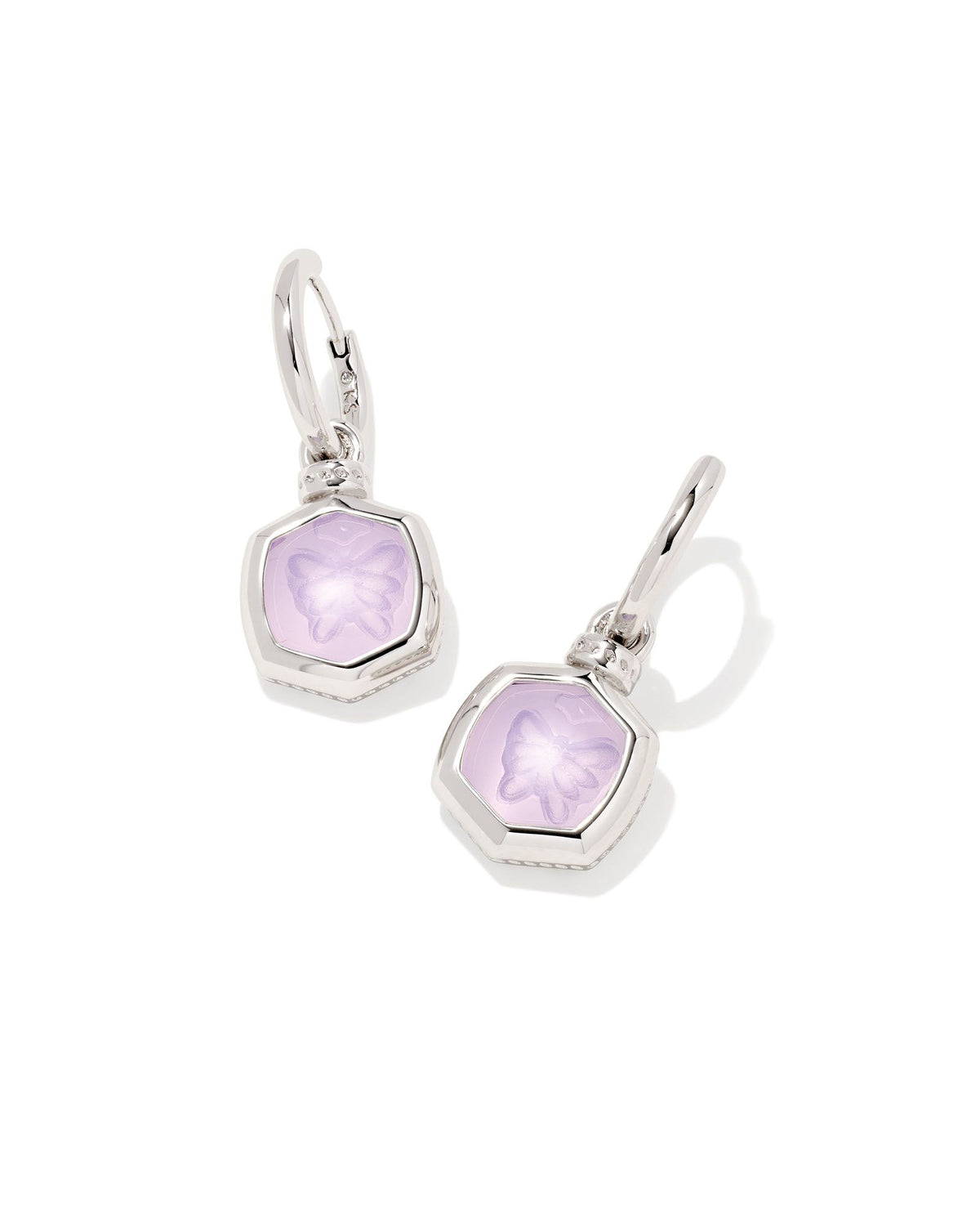 Kendra Scott Davie Intaglio Huggie Earrings Rhodium In Lavender Opalite Butterfly.