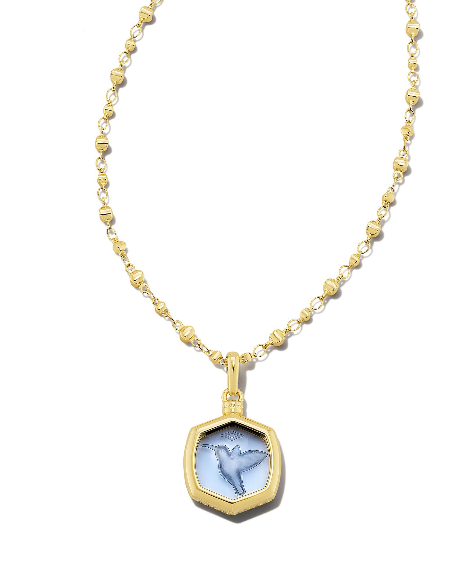 Kendra Scott Davie Intaglio Pendant Necklace In Gold Light Sky Blue Hummingbird.