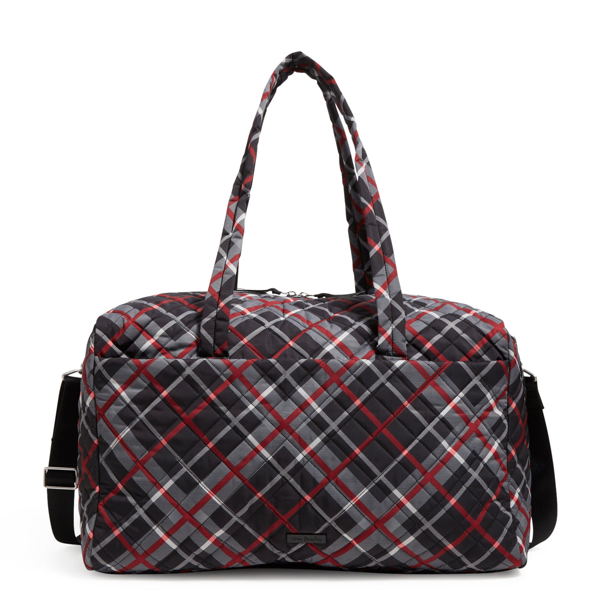 Side view of a Vera Bradley duffel bag in Paris plaid pattern