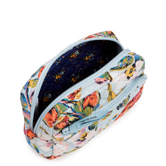 Vera Bradley Medium Cosmetic in Sea Air Floral pattern, top view with main pocket unzipped showing the interior of the bag.