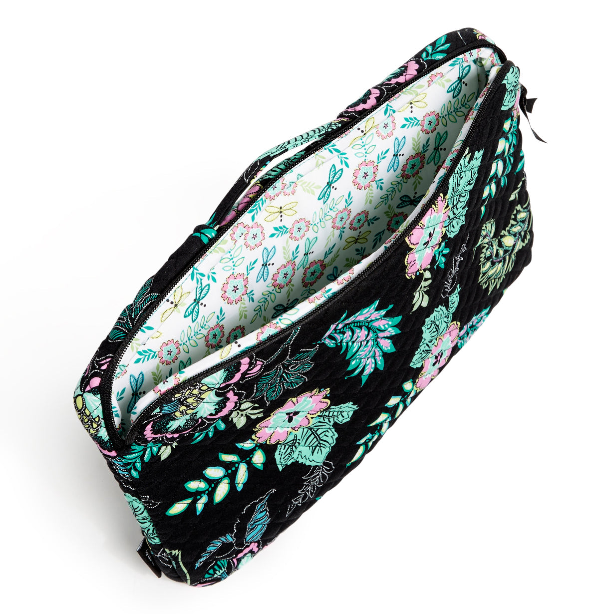 A Vera Bradley Laptop Organizer In Island Garden Pattern, unzipped main pocket.