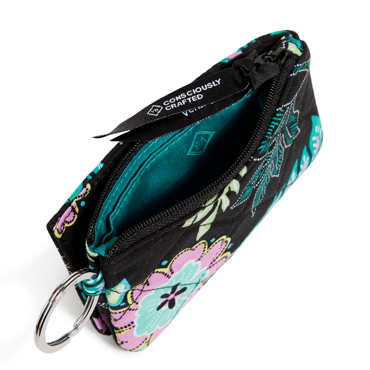 Vera Bradley RFID Deluxe Zip ID Case In Island Garden Pattern. The main zip pocket unzipped, showing the interior green pattern.