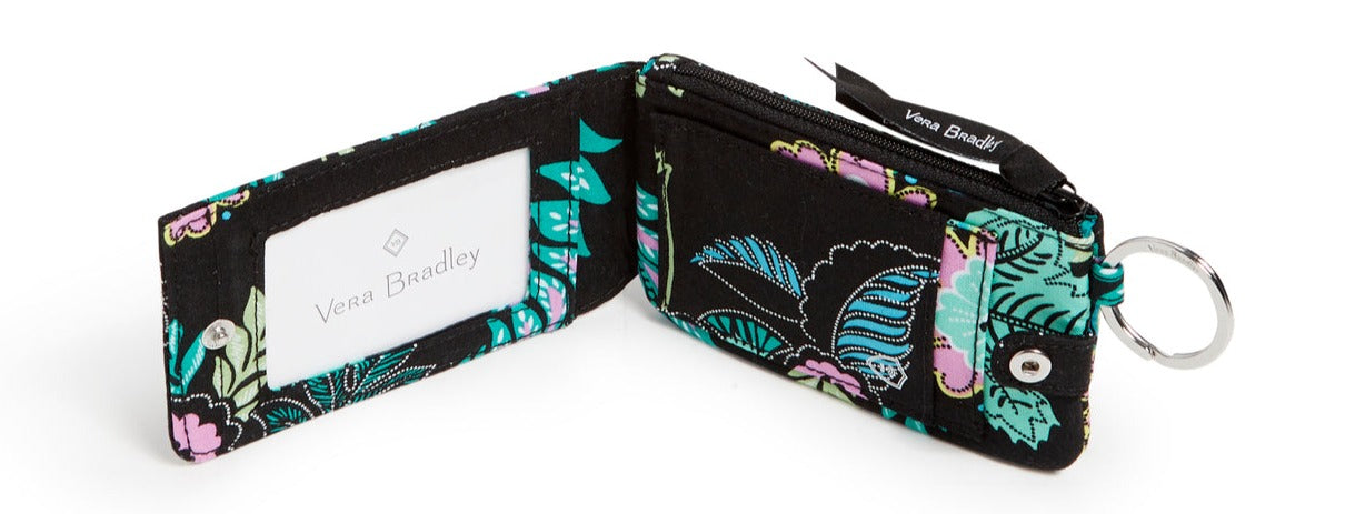 Vera Bradley RFID Deluxe Zip ID Case In Island Garden Pattern. Showing the interior part of the case, with a large ID window on the left side.