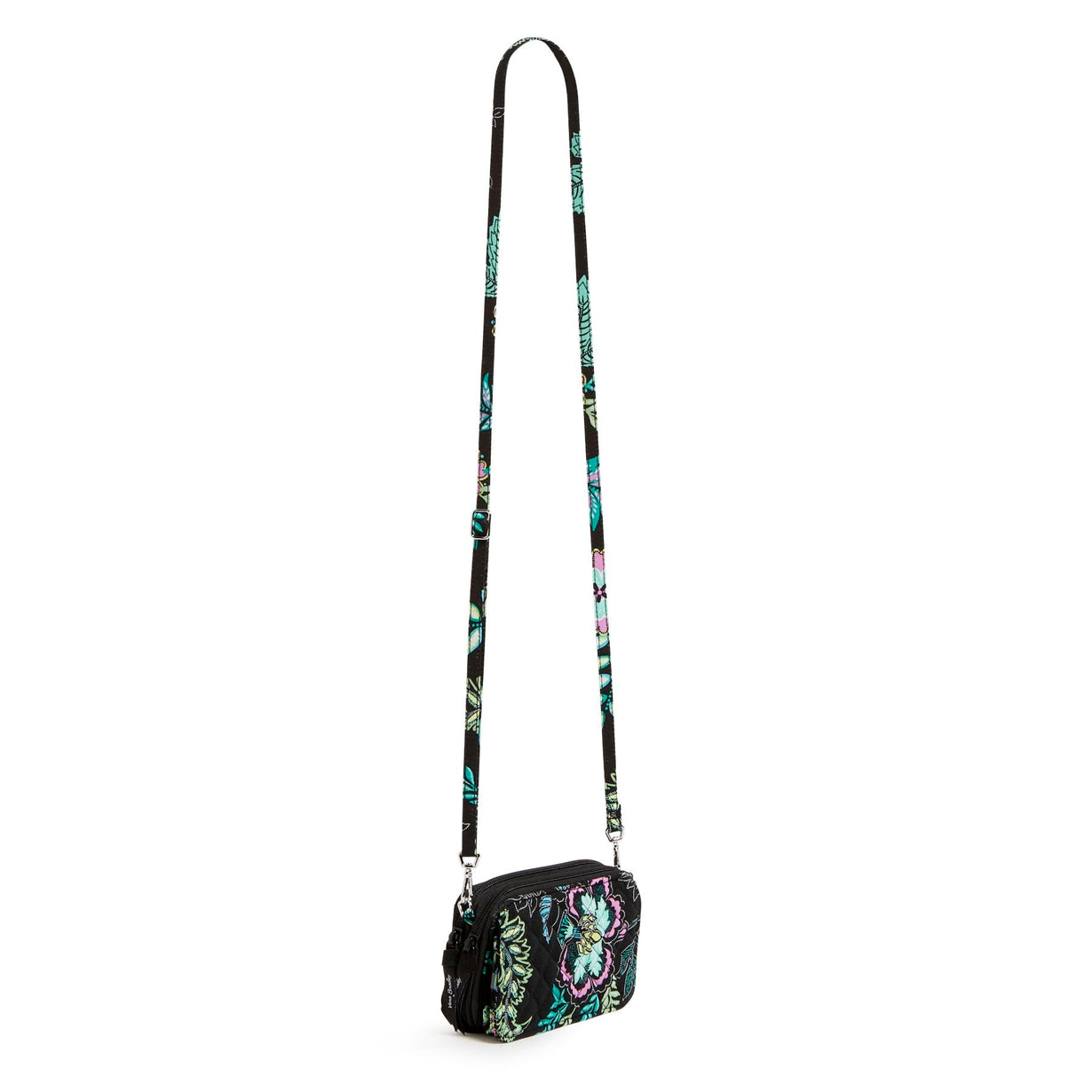 Vera Bradley RFID All in One Crossbody Wallet In Island Garden Pattern, with the crossbody strap fully extended.