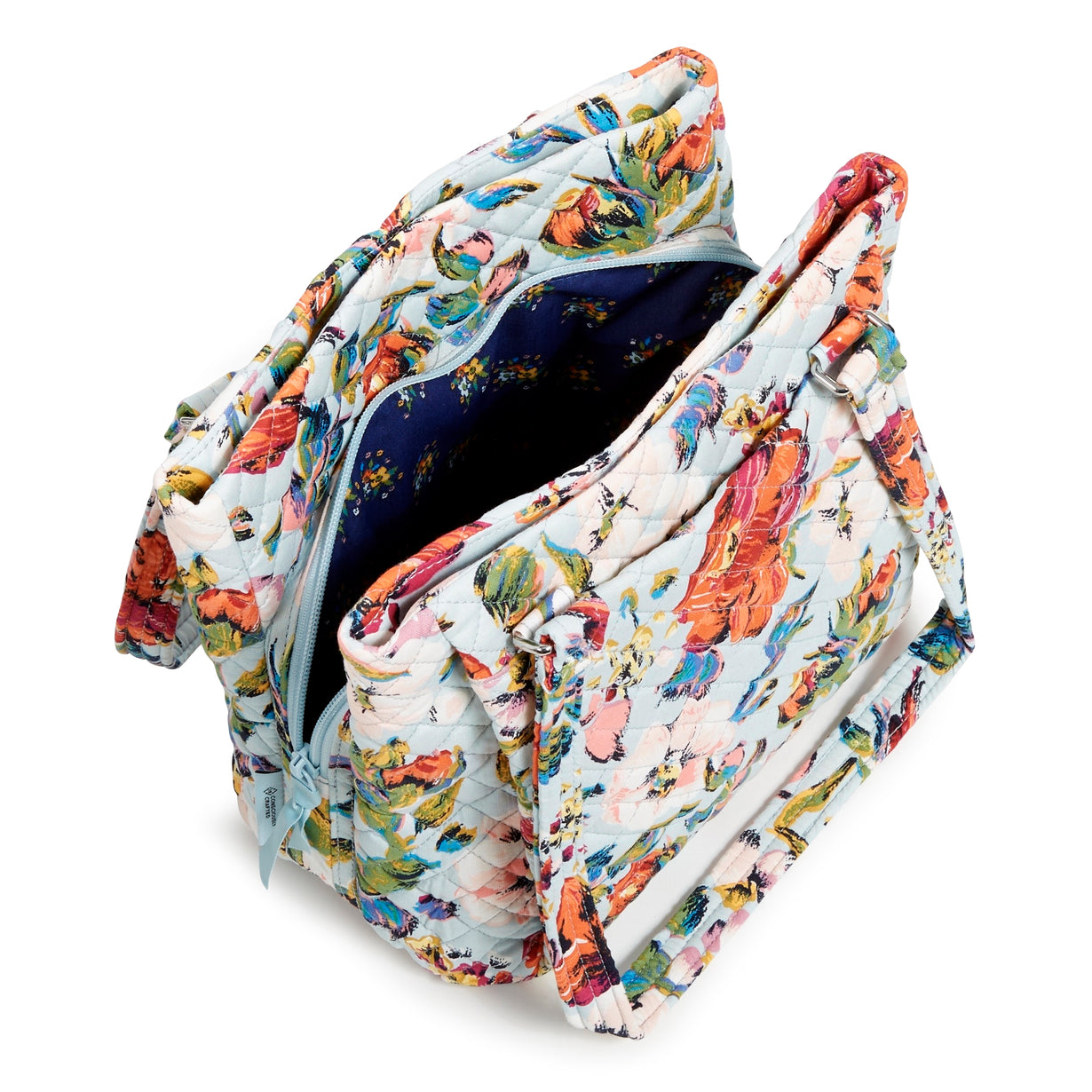 Vera Bradley Multi-Compartment Shoulder Bag in Sea Air Floral pattern, top view.