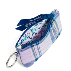 A Vera Bradley Zip ID Case In Amethyst Plaid Pattern with the main pocket unzipped.