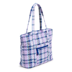 Vera Bradley Vera Tote Bag In Amethyst Plaid Pattern from the side view.