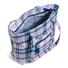Vera Bradley Small Vera Tote Bag In Amethyst Plaid Pattern, with the main pocket unzipped.