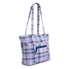 Vera Bradley Small Vera Tote Bag In Amethyst Plaid Pattern, side view from left.