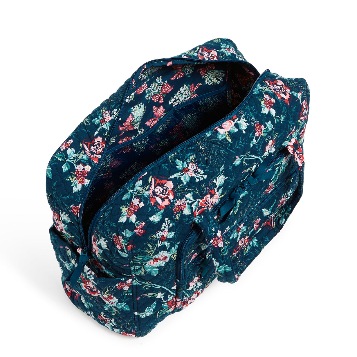 Unzipped main pocket for travel bag in Rose Toile pattern