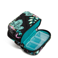 A Vera Bradley Vera Bradley Deluxe Travel Pill Case In Island Garden Pattern, lying flat with the top unzipped, with two clear pill containers.