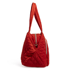 Weekender Travel Bag In Cardinal Red - Side view with straps up