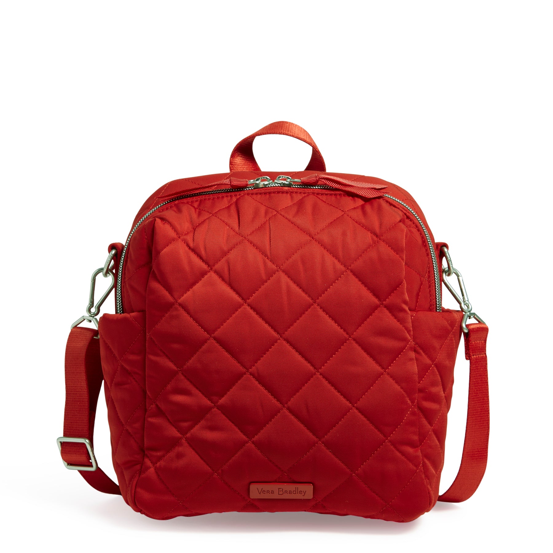 Front view of a red convertible backpack