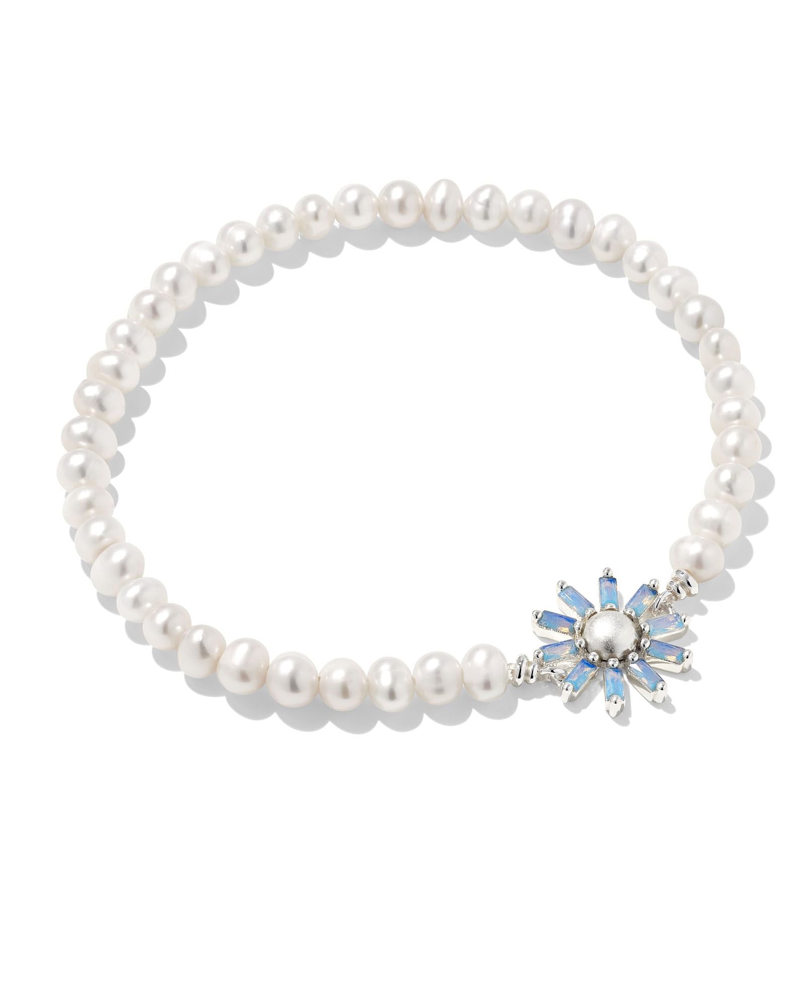 Kendra Scott Madison Daisy Pearl Stretch Bracelet In Bright Silver Light Blue Opal Crystal.