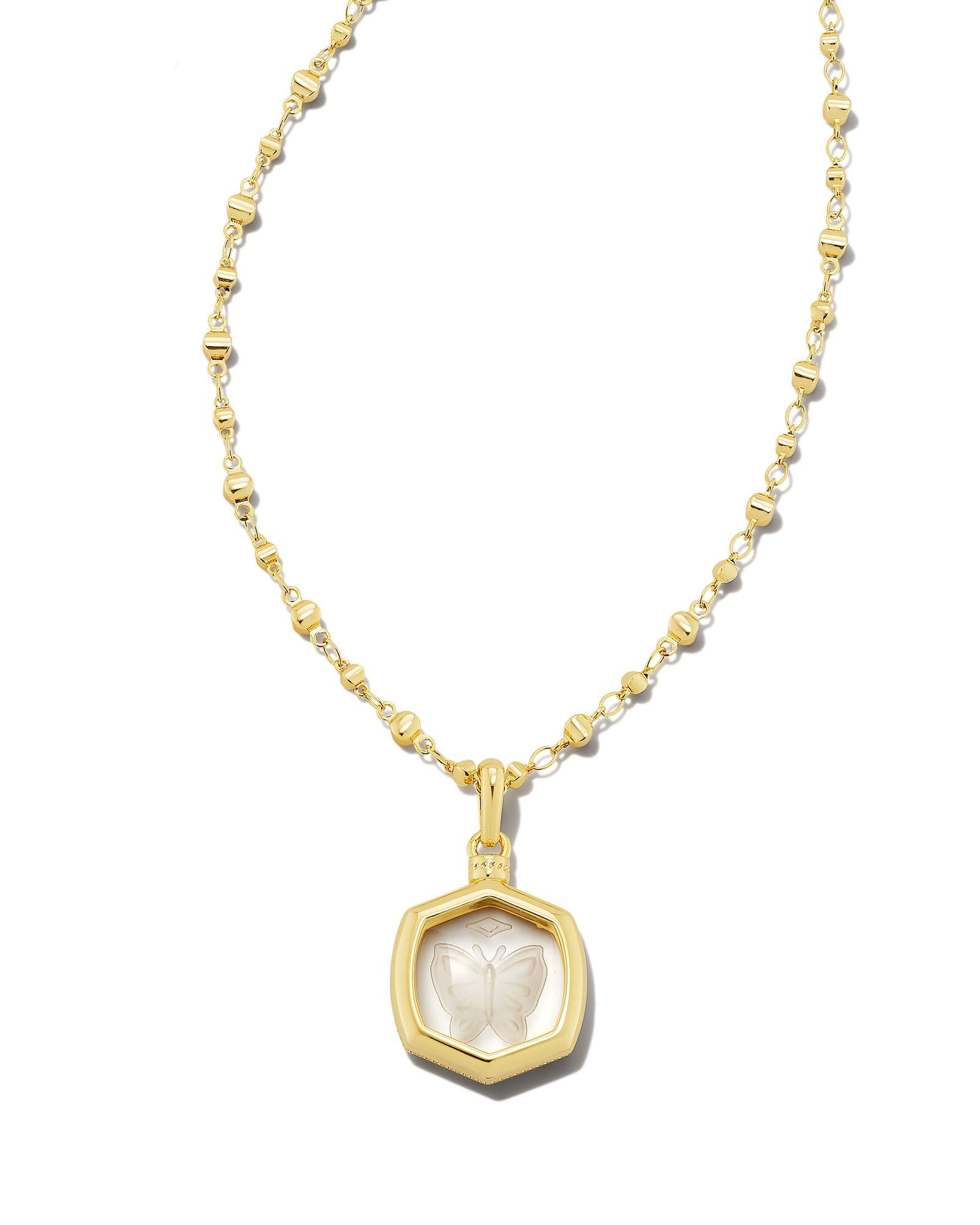 Kendra Scott Davie Intaglio Pendant Necklace In Gold Clear Glass Butterfly.