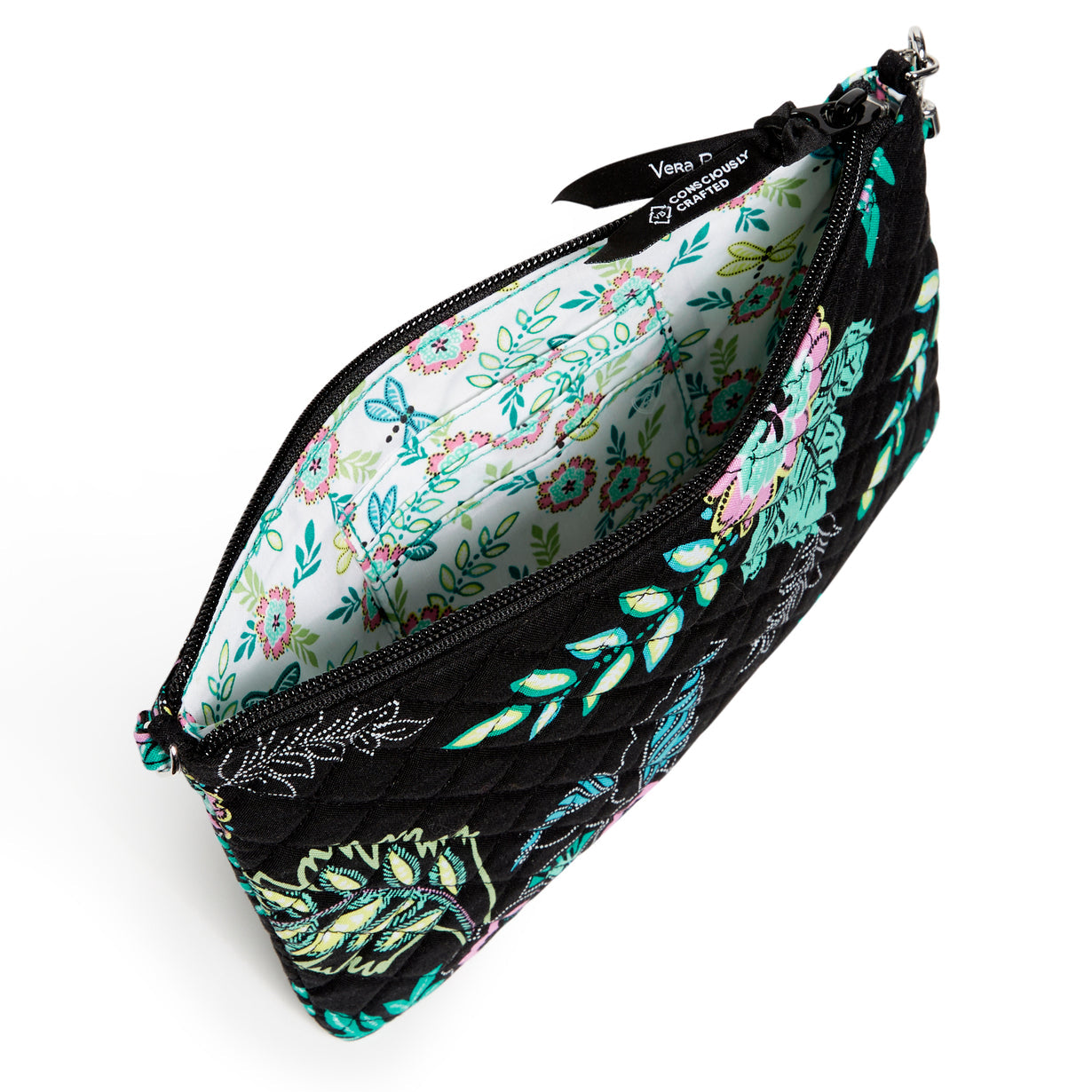 Vera Bradley RFID Convertible Wristlet In Island Garden Pattern, the main pocket unzipped, showing the interior pattern of the wristlet.