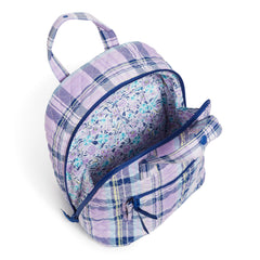 Vera Bradley Mini Totepack Bag In Amethyst Plaid Pattern with the main pocket unzipped.