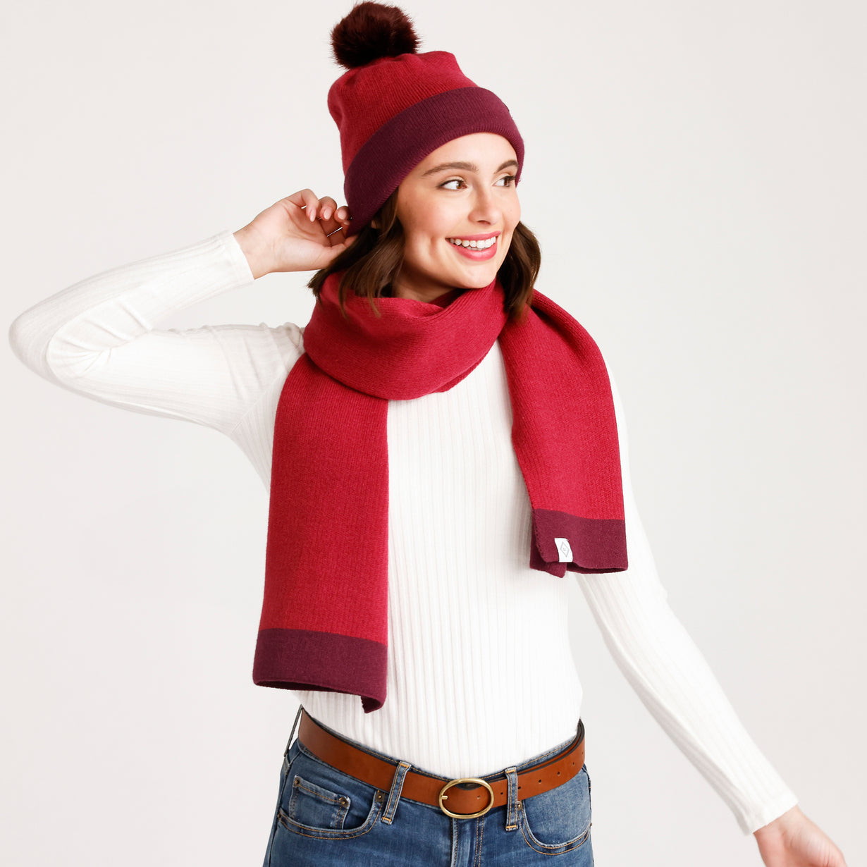 Solid Knit Pom Beanie - Cranberry Red