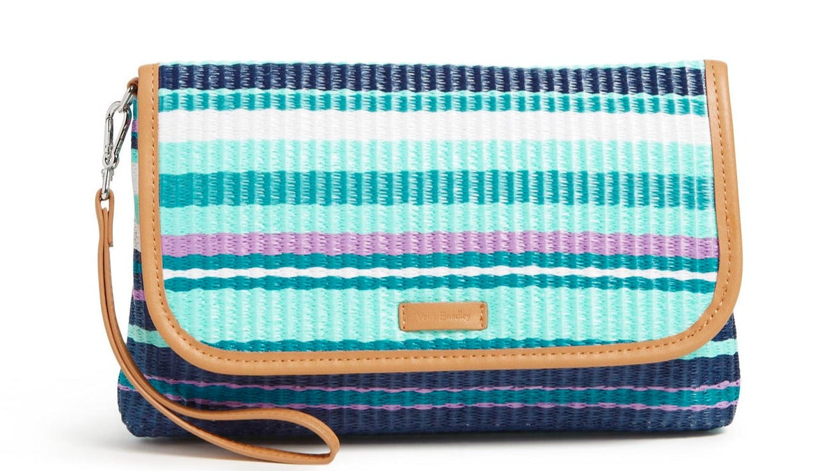 Vera Bradley Straw RFID Wristlet In Spring Mint Stripe