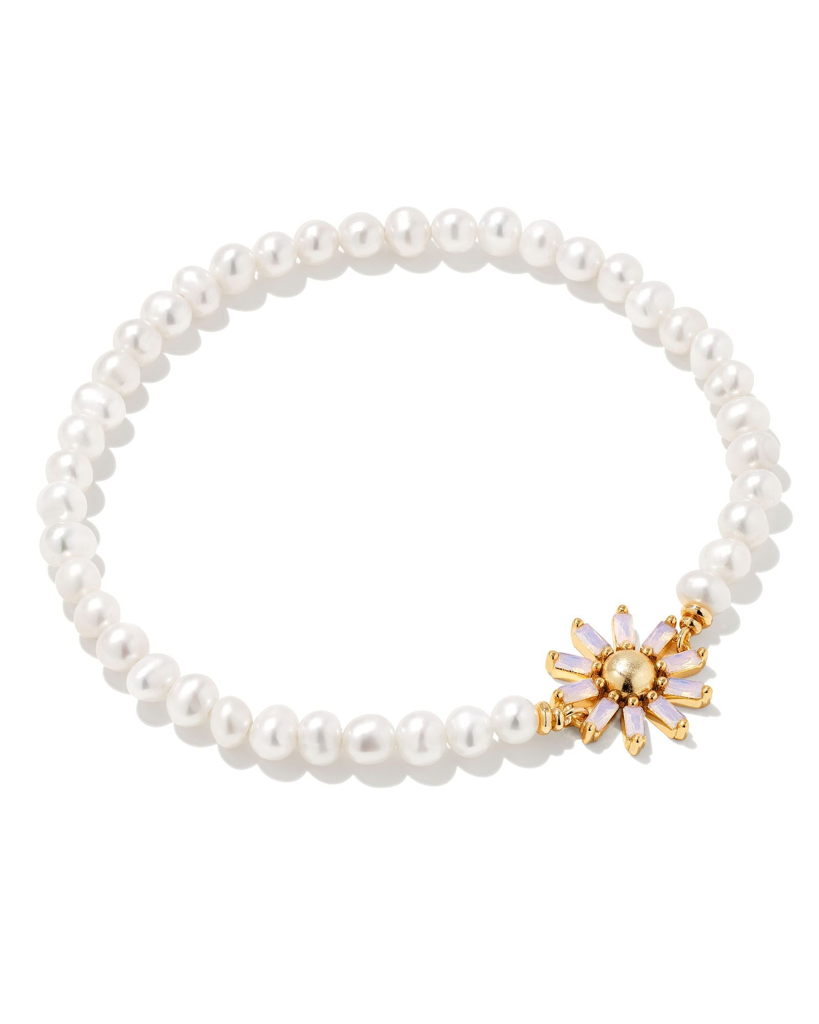 Kendra Scott Madison Daisy Pearl Stretch Bracelet In Gold Pink Opal Crystal.
