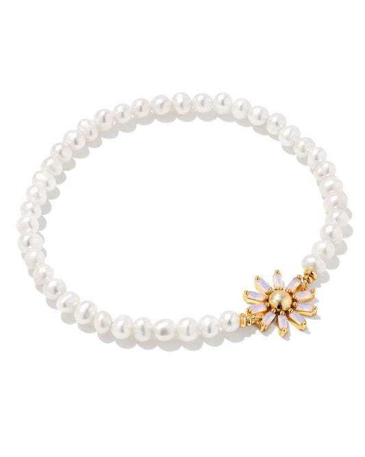 Kendra Scott Madison Daisy Pearl Stretch Bracelet In Gold Pink Opal Crystal. 1600