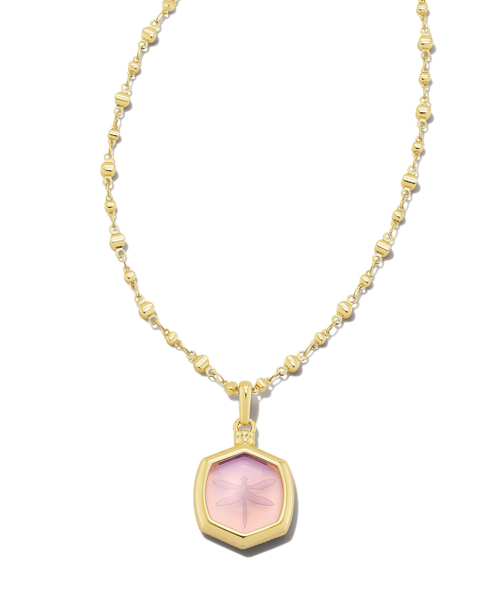 Kendra Scott Davie Intaglio Pendant Necklace In Gold Pink Opalite Dragonfly.