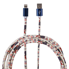White and Blue 10 Foot IPhone charger cord with the words USA and Stars