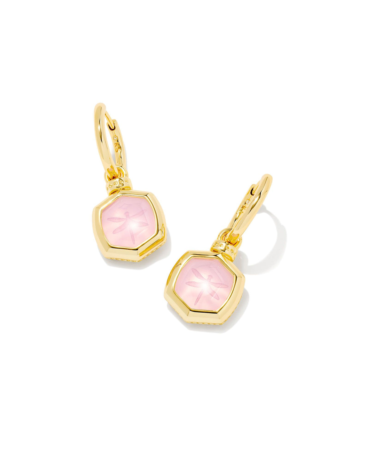 Kendra Scott Davie Intaglio Huggie Earrings In Gold Pink Opalite Dragonfly.