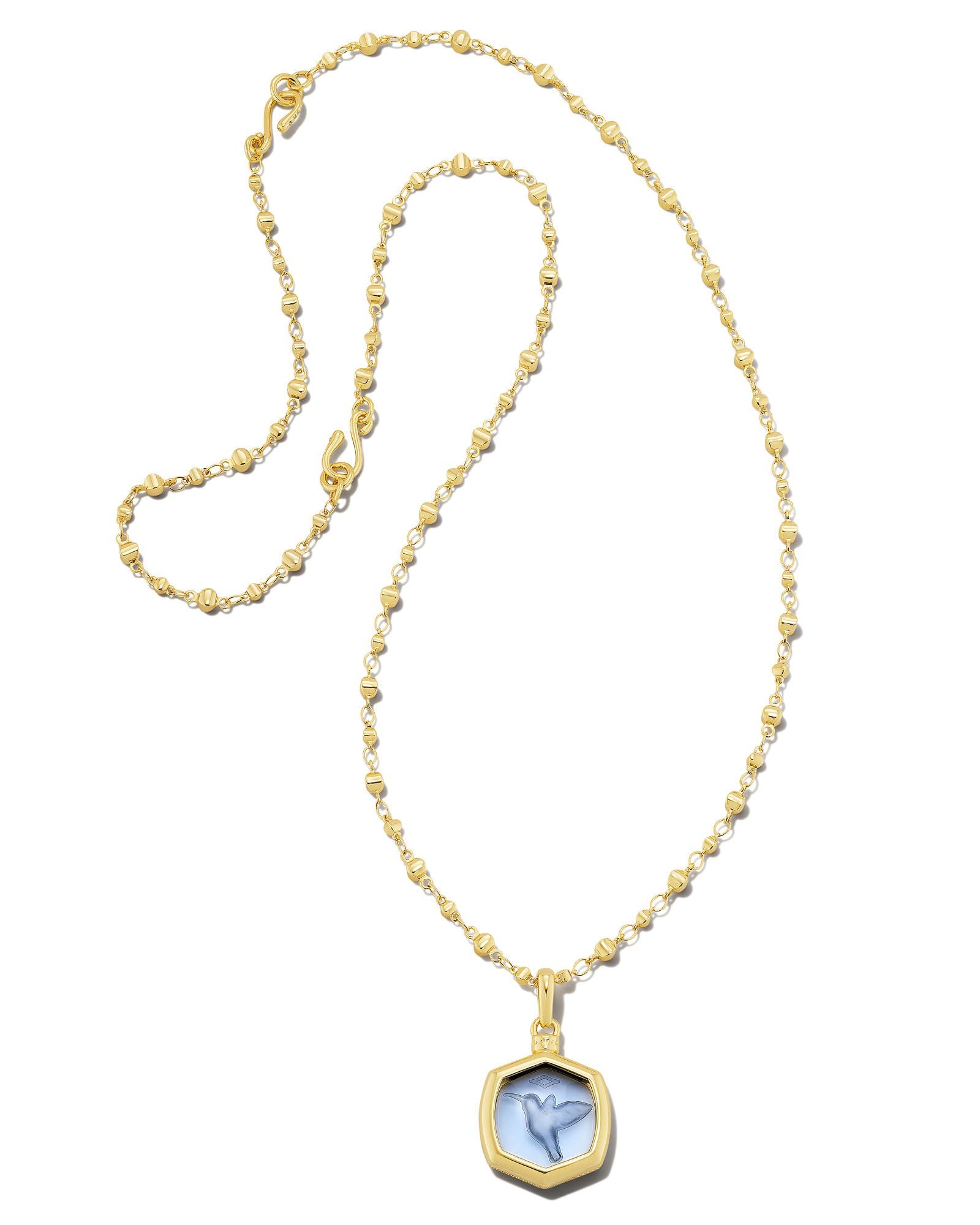 Kendra Scott Davie Intaglio Pendant Necklace In Gold Light Sky Blue Hummingbird, full length.