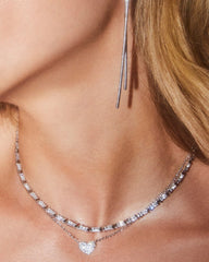 Ari Silver Pave Crystal Heart Necklace in White Crystal image on a model.