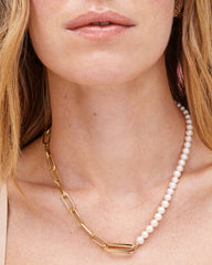 Ashton Half Chain Necklace In Gold White Pearl on a model.